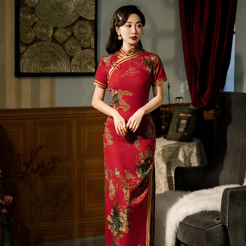Abito Cinese da Donna - Elegante Abito da Sposa Floreale con Stampa Floreale da Sposa Orientale in Raso con Collo alla Coreana da Sera Qipao Oversize A Maniche Lunghe Cheongsam