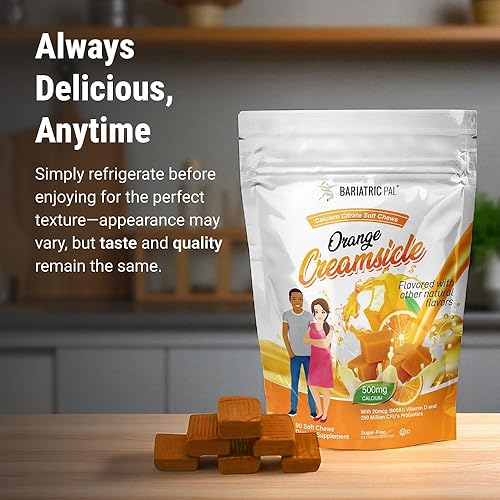 Miniatura 7 de BariatricPal Masticables suaves de citrato de calcio sin azúcar  500 mg con vitamina D y probióticos  Crema de naranja  90 unidades (suministro de 1