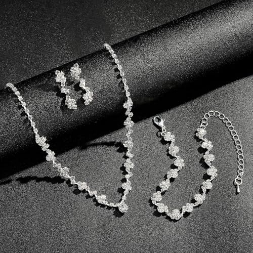Silver Jewelry Sets for Women Rhinestone Necklace Dangle Earrings Bracelet Set Bridal Wedding Jewelry Sets for Brides Bridemaid Prom Costume Accessories Jewelry3