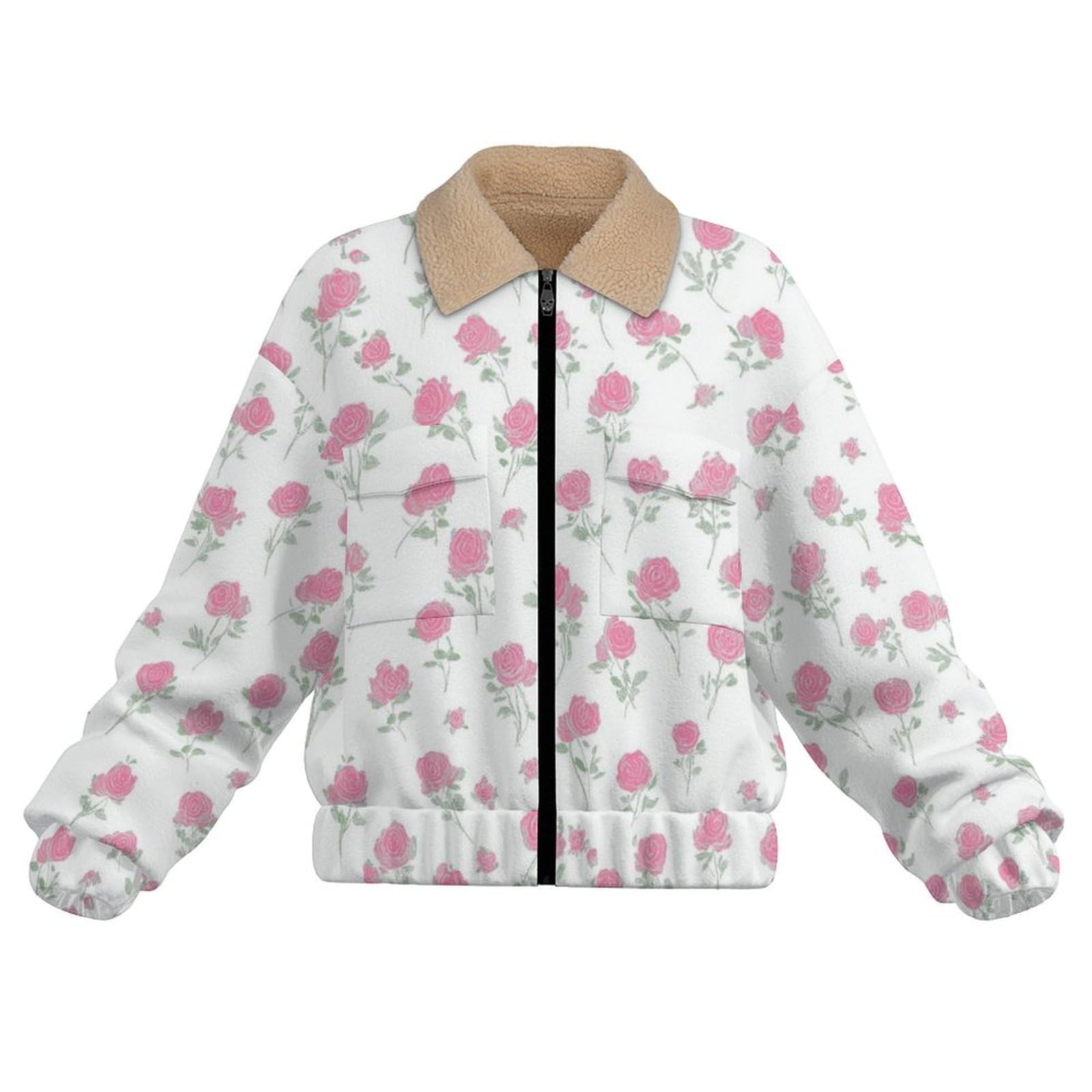 Donna Pile Stampa Illustrazione retrò Caldo con Cerniera, Giacca da Camera Invernale Corta Pile Giacche, Piccola Rosa Cappotto In Peluche Sherpa Giubbotto Fleece Comoda