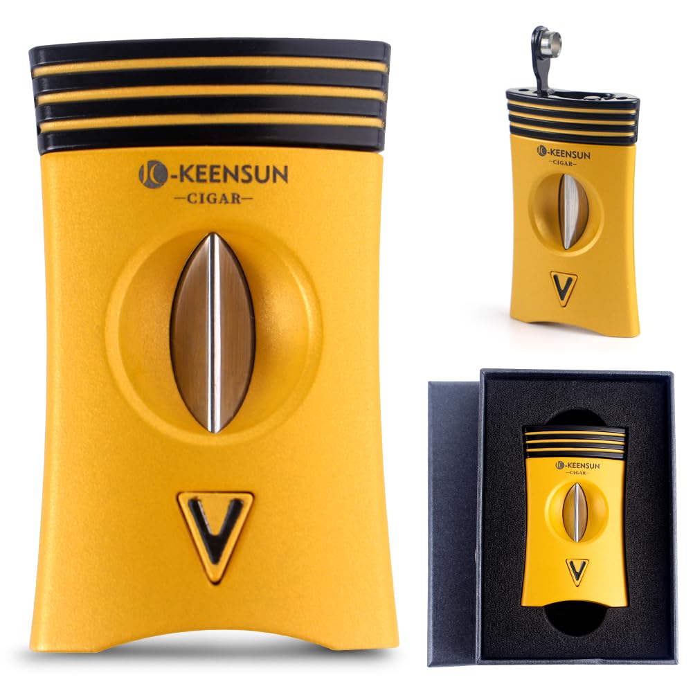 KEENSUN 3-in-1 Zinc Alloy V-Cut Cigar Cutter (Deep Yellow) with Cigar Holder on The Back and Cigar Punch at The Bottom