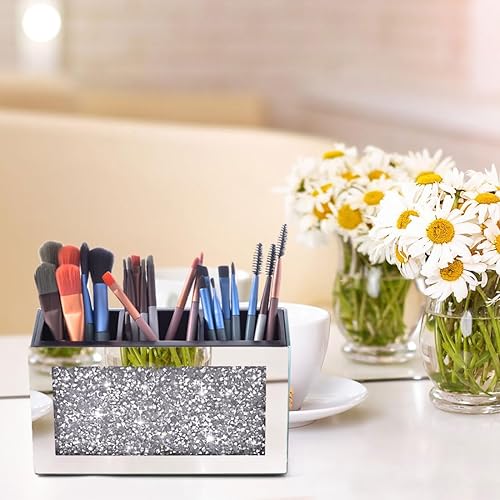 Miniatura 2 de Organizador de brochas de maquillaje plateado con diamante triturado de cristal, estuche de almacenamiento de brochas de cosméticos con 3 ranuras,