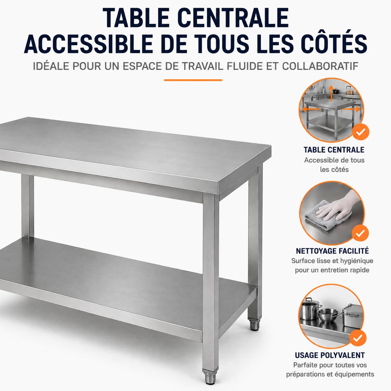 Table de Travail INOX Professionnelle Centrale et Étagère Basse – Charge 300 kg – Plan de Travail Cuisine Professionnelle CHR Restaurant Collectivité Laboratoire – 180 x 70 x 85 cm