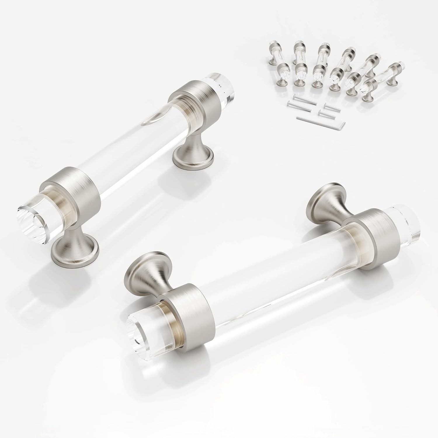 6 Pack 3 Inch Clear Glass Cabinet Handles and Pulls for Dresser and Drawers, Kitchen Bathroom Bedroom Brushed Nickel Pull Door Handle Distance Glass Crystal Knobs 76mm Hole Center : 3 Inch (76mm) Brushed Nickel