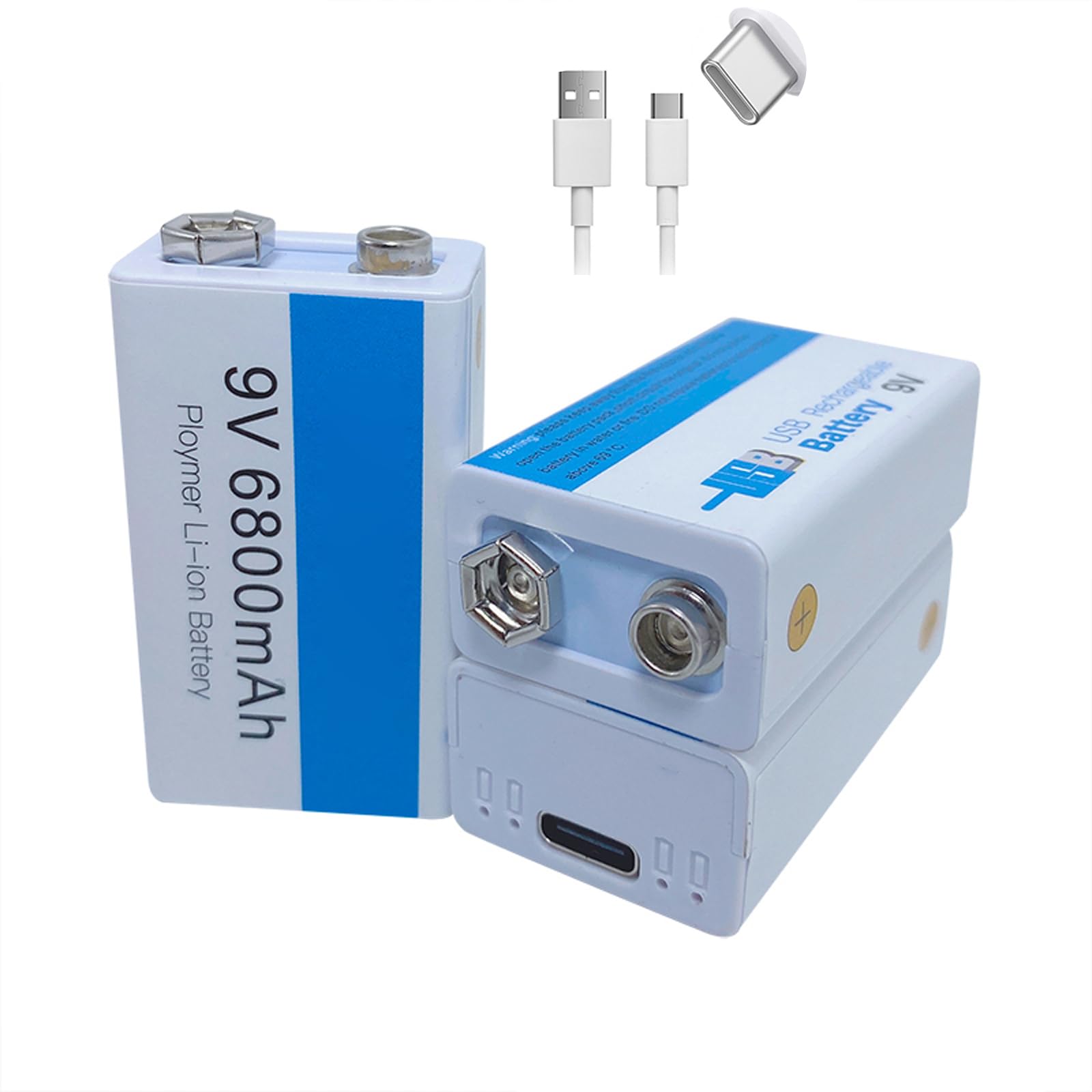 Batería Recargable 9V batería de Iones de Litio 6800mAh 9 voltios con Puerto Carga USB Tipo C para alarmas/micrófonos inalámbricos/Juguetes/teclados y más