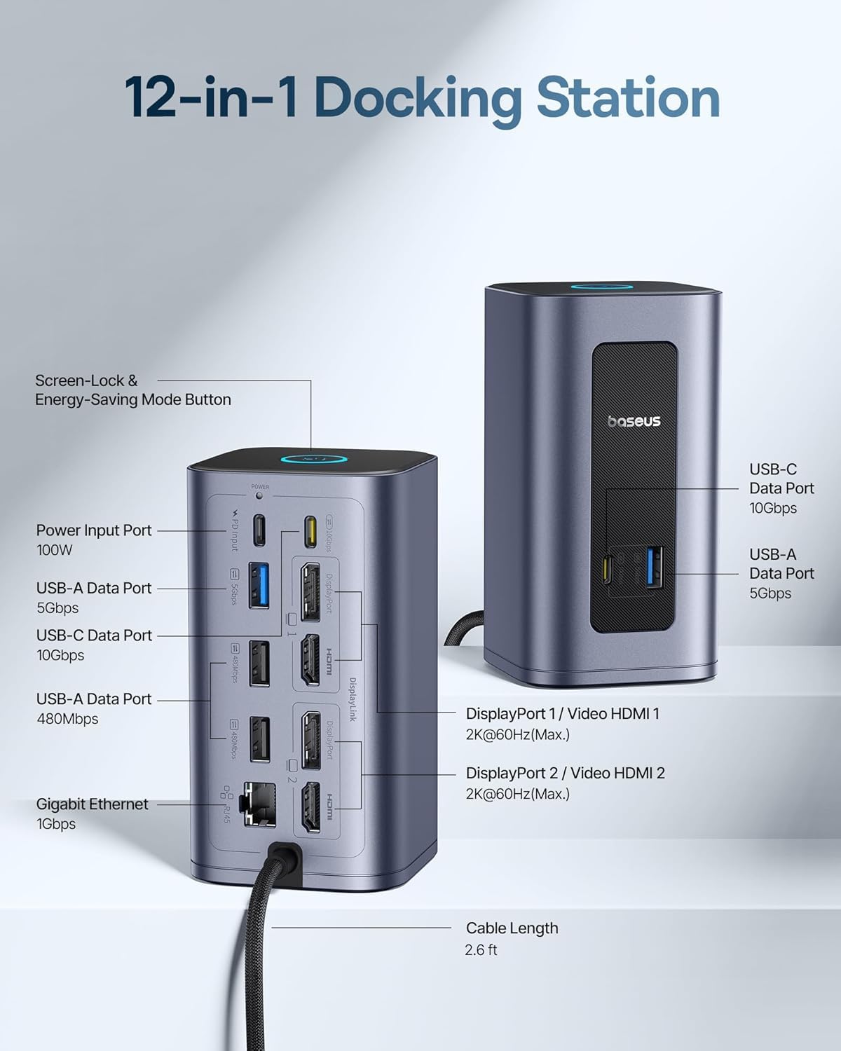 Baseus Nomos Air 12-in-1 DisplayLink Docking Station, 2 Monitors