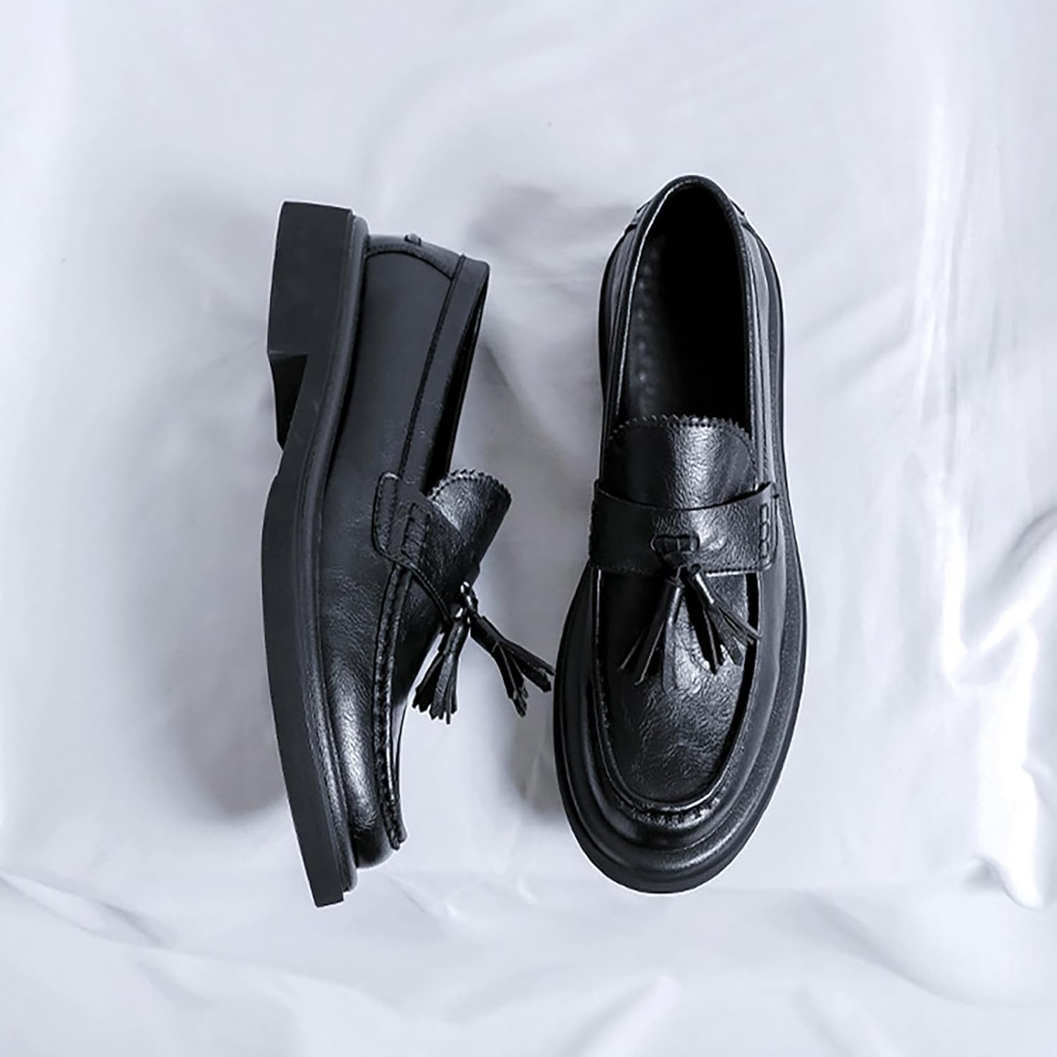 Men's Leather Tassel Loafers Shoes - Platform Penny Slip-On Dress Shoes with Round Toe, Non-Slip Sole for Business Office Work