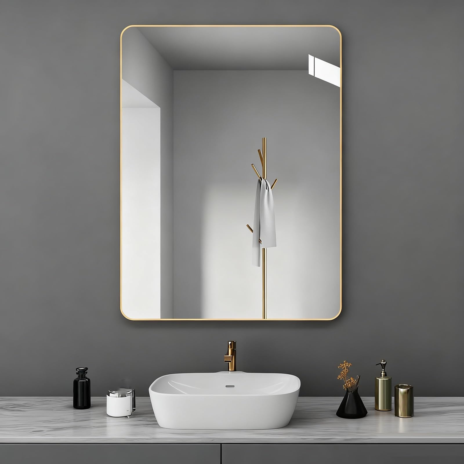 FGXHHS Bathroom Vanity Mirror for Over Sink, Metal Framed Wall Rectangle, Hangs Horizontally or Verticall(Gold,40x60cm/15.7x23.6in)