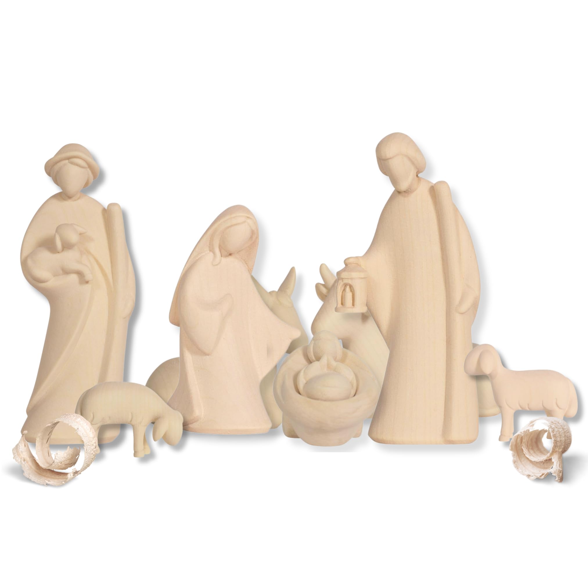 Akantus Leonardo Weihnachtskrippe aus Holz: 8er Set mit Stall HL.Nacht klein (8,5 cm, Natur)