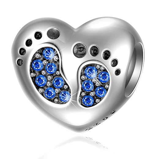 Baby Footprint Heart Charm with September Birthstone for Pandora Mother Day Bracelets - 925 Sterling Silver New Mom Love Son Sapphire Blue Feet Beads, Gifts for 2024 Christmas