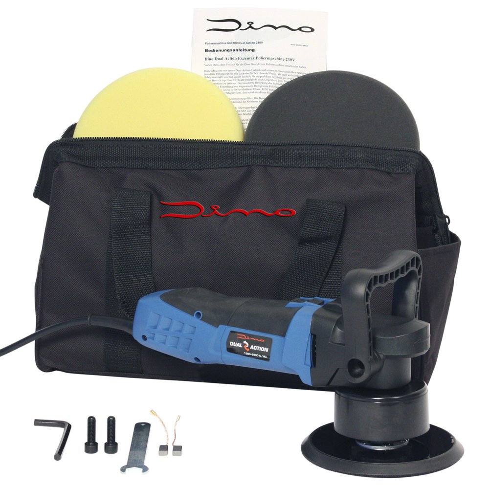 Dino KRAFTPAKET 8mm-600W Exzenter Poliermaschine Stufenlos im Set mit Polierschwamm Polierteller Tasche für Auto KFZ Boot