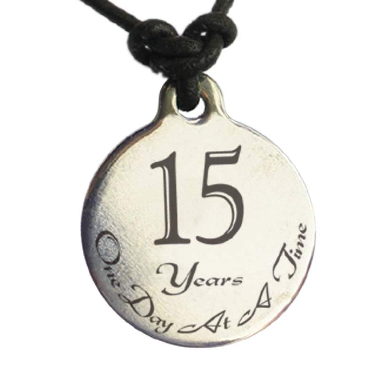 Serenity is Forever 15 Year Sobriety Anniversary Medallion Leather Necklace for Sober Birthday, AA Alcoholics Anonymous, NA Narcotics Anonymous