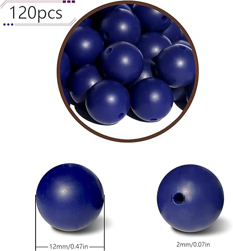 Miniatura 2 de 120 cuentas de silicona azul marino de 0.472 pulgadas (0.472 in), cuentas sueltas de silicona a granel para hacer llavero, pulsera, joyería y