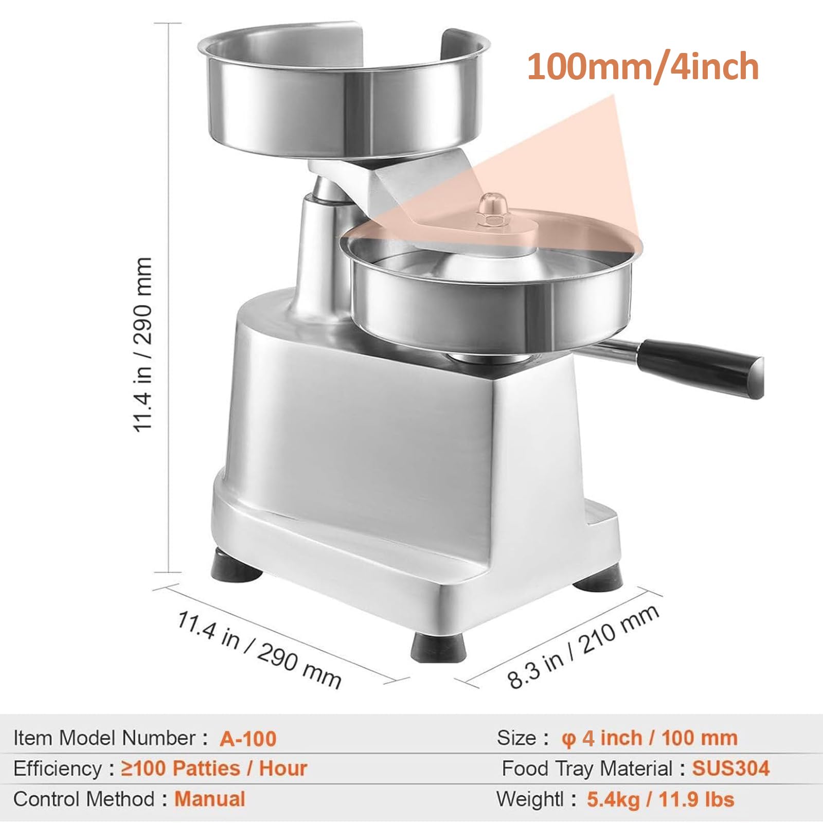 Burgerpresse Patty Maker – robuste manuelle Hamburgerpresse aus Edelstahl mit 100 Stück Wachspapier für Restaurants und Gastronomie, 11,2 cm, 12,7 cm, 15,2 cm, 15,2 cm