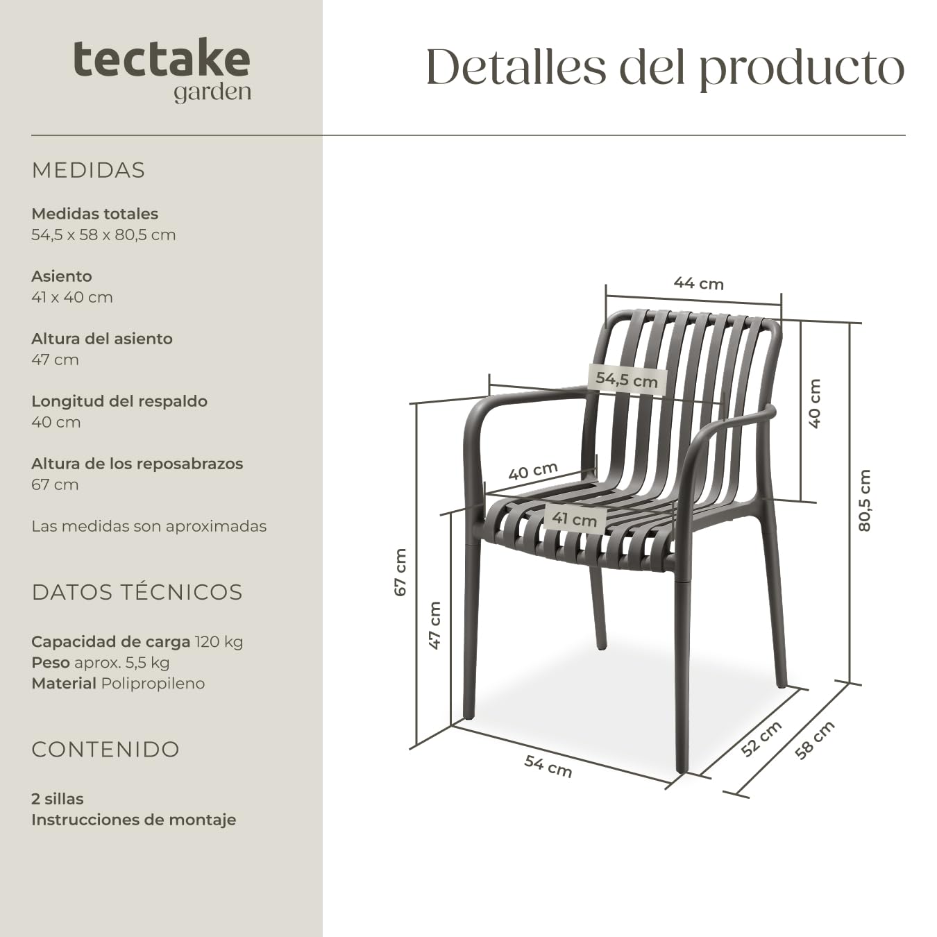 tectake® Sillas Terraza Exterior Apilables, Plástico Resistente, Antideslizante, Fácil de Montar, Muebles Resistentes, Sillas Jardin Exterior - Set de 2 con Reposabrazos Antracita
