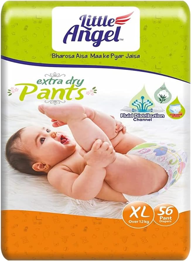Little Angel Extra Dry Baby Pants Diaper, Extra Large (XL) Size, 56 Count, Super Absorbent Core Up to 12 Hrs Protection & Wetness Indicator, Pack of 1, Over 12kg