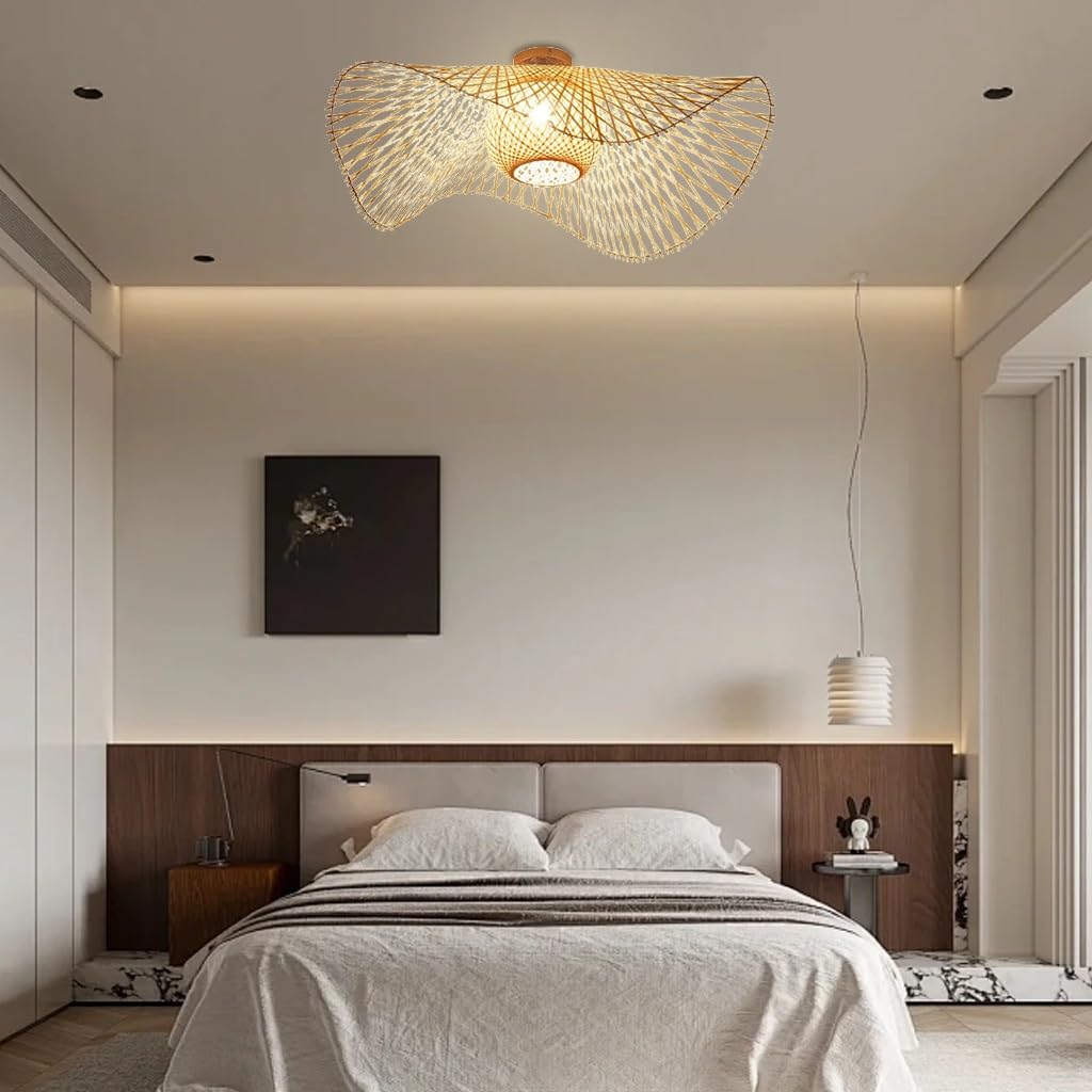 Deckenleuchte Bambus E27 Deckenlampe Boho Style Retro Natürliche Gewebte Lampenschirm Rattan Schlafzimmer Lampe Restaurant Licht Landbeleuchtung Esszimmer Hängeleuchten Wohnzimmer Beleuchtung(75