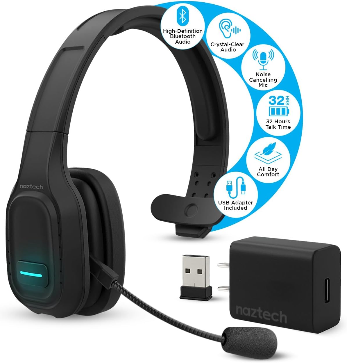 Naztech Trucker Bluetooth Headset with Microphone - Noise Canceling, Adjustable Headband Trucker Headset Bluetooth Wireless, Truck Driver Head Sets with Microphone for Work, 2-Year Warranty