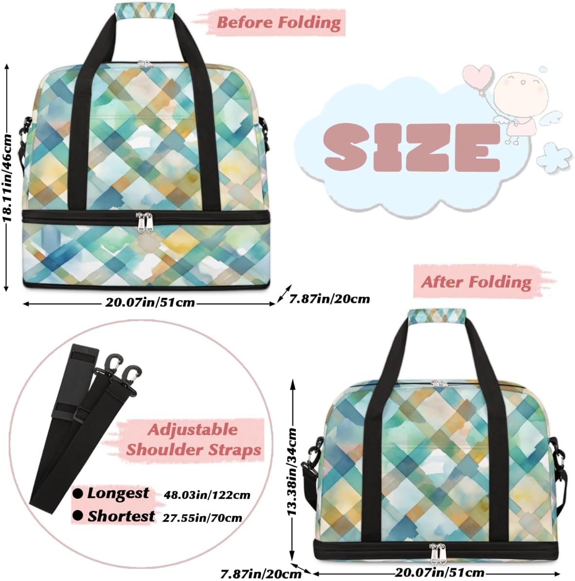 QsirBC Grid Pattern Decor Gym Bag for Women Duffle Tote with Shoes Compartment Men Weekender Duffel for Dance Travel Sports Swimming Overnight