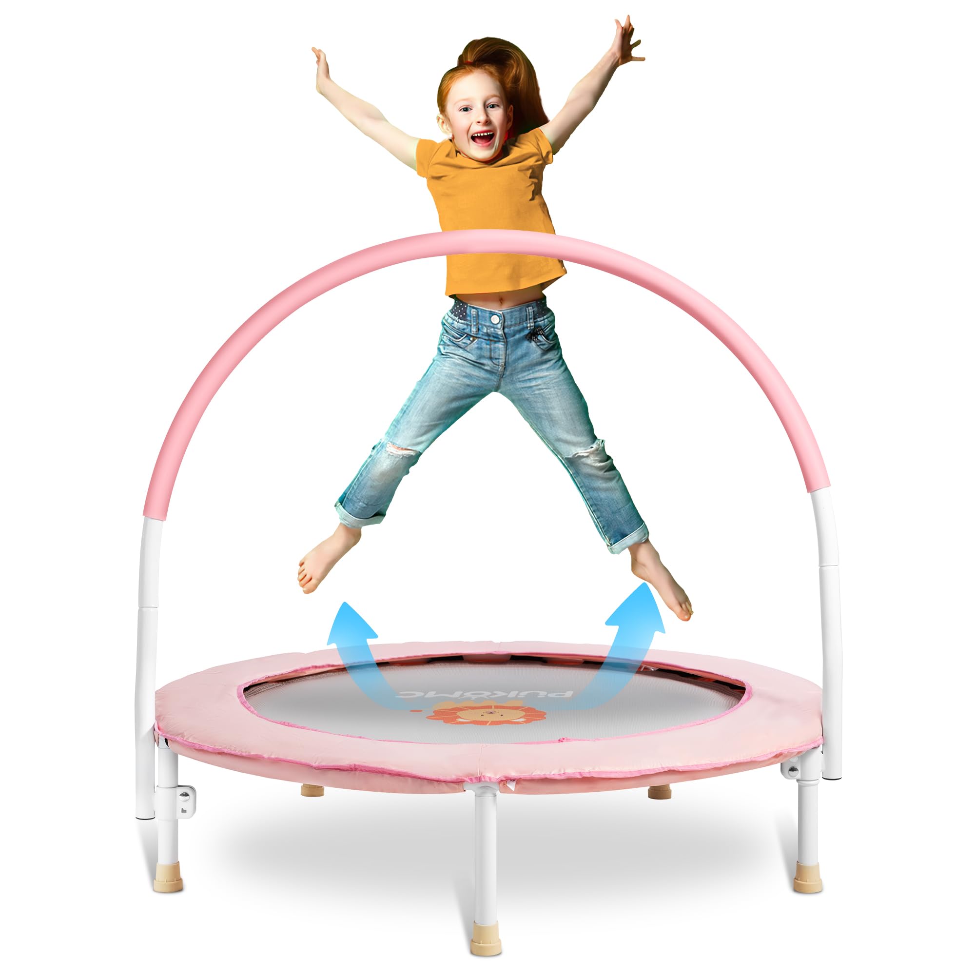 Pukomc 36/60in Toddler Trampoline for Kids Exercise,Rebounder with Adjustable Foam Handle and Safety Padded Cover/with Basketaball Hoop, Foldable Kids Trampolines for Indoor Outdoor Pink/Blue