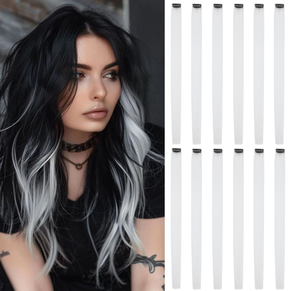 Photo 1 of 12PCS White Clip In Hair Extensions 22 Inch Long Straight Heat Resistant Synthetic Hair Highlights, Easy to Use Colorful Hairpieces for Girls Women Party Halloween Cosplay