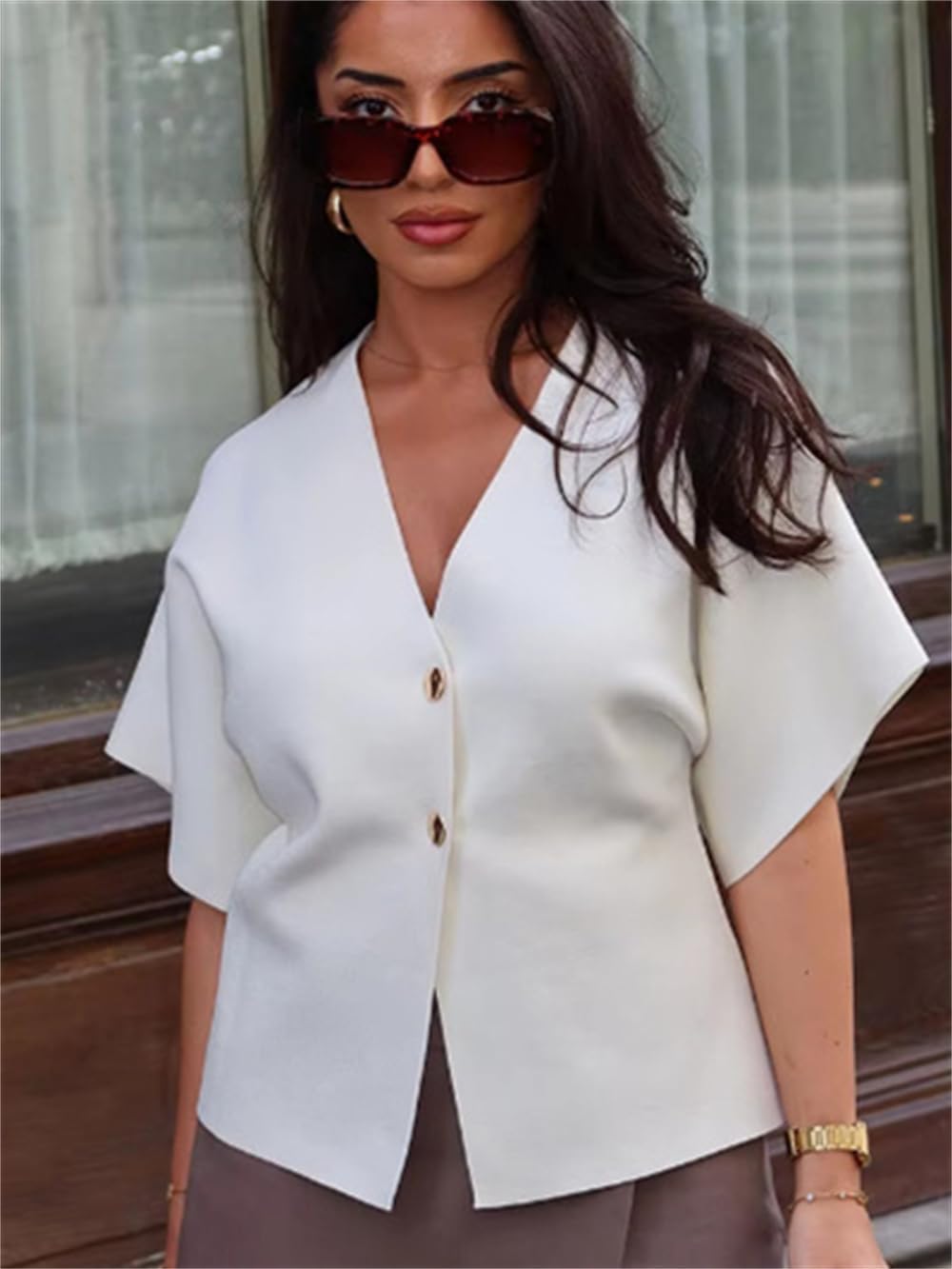 hathne Women's V Neck Short Sleeve Cardigan Sweater Button Down Ribbed Knit Tops - Image 4