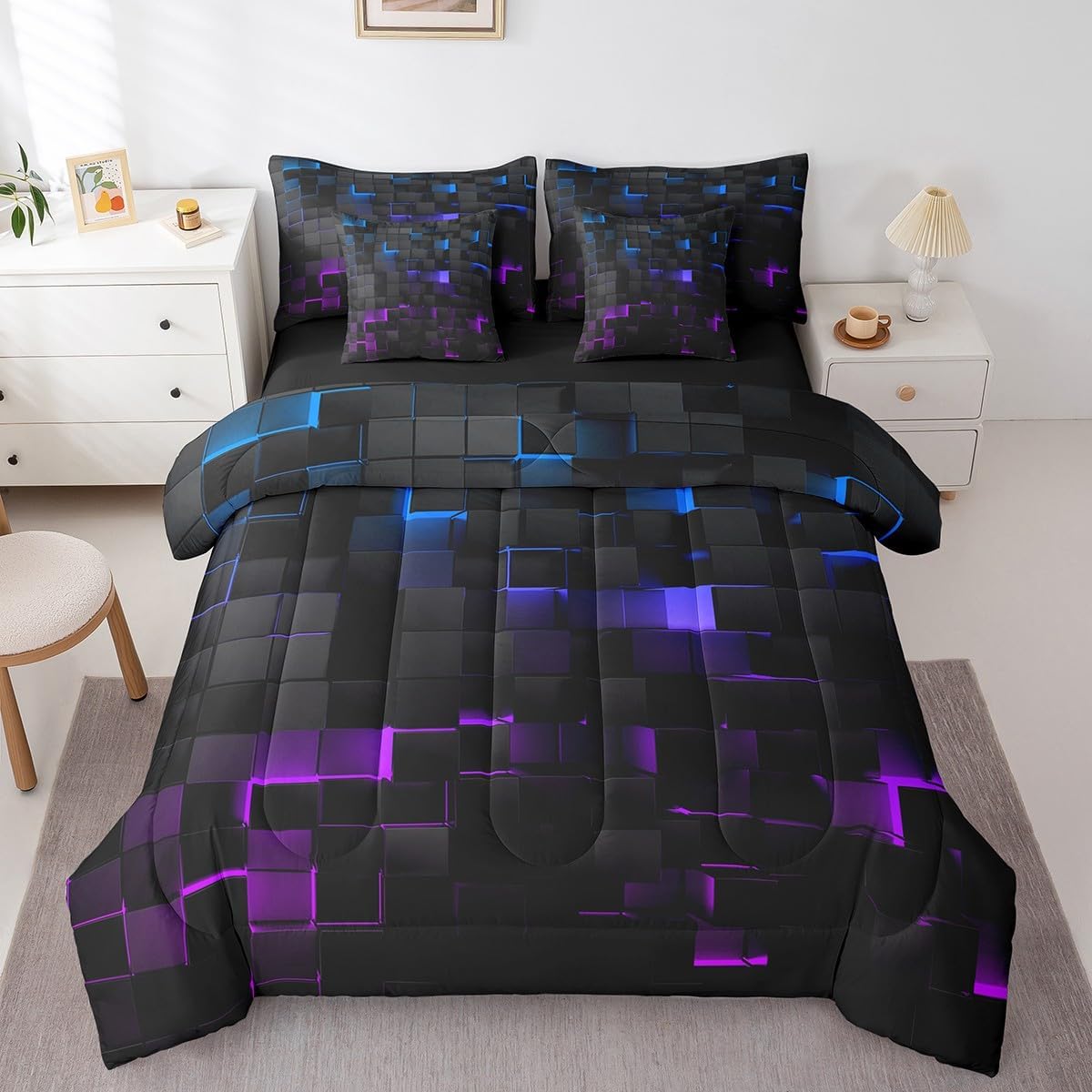 Erosebridal Kids Geometric 7 Piece Bed in A Bag Full Teen Boy Neon Ombre Checkered Comforter Set Purple Blue Grids Bedding Set for Adults Men Geometrical Check Plaid Sheet Set with Comforter