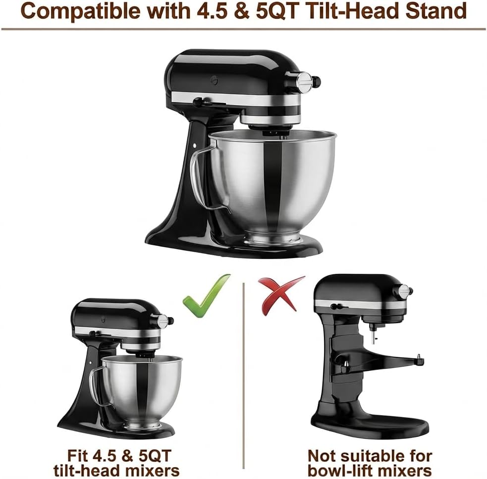 Stainless Steel Mixing Bowl Compatible with Kitchen Aid 4.5-5 QT Tilt-Head Stand Mixers, 5 Qt Bowls for Mixer with Stainless Steel Locking Base