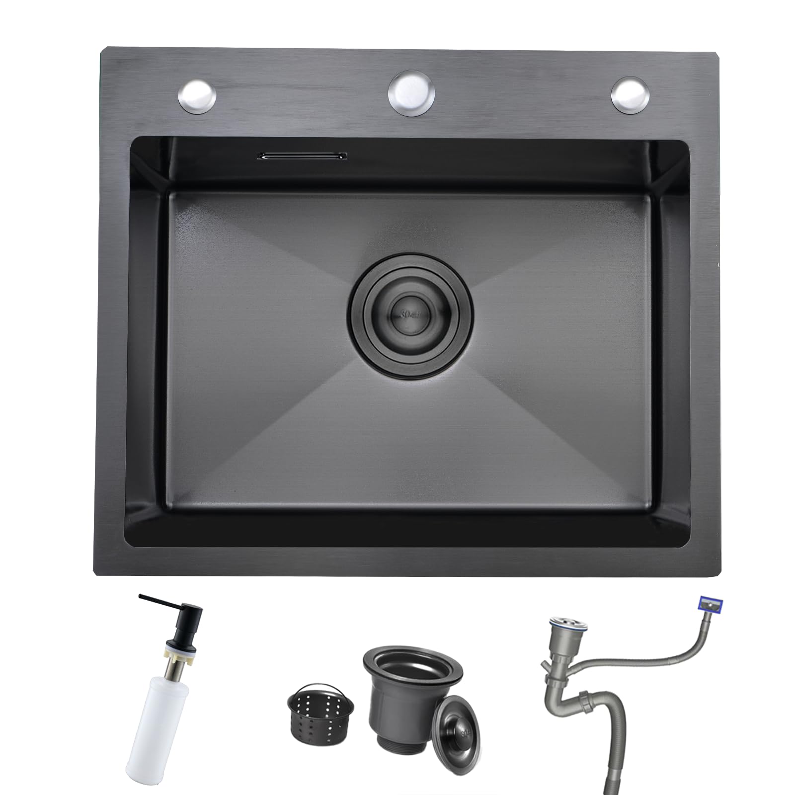 Bokaiya Black Single Bowl Kitchen Sink, Stainless Steel Kitchen Basin, 55 x 50 cm Drop in Topmount Black Small Sink with 3 Tap Holes Soap Dispenser and Drain Kit for Farmhouse, Bar, Restaurant — image 1