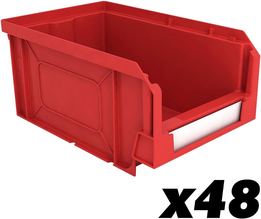 48x - Red Size 2 Open Fronted Bins 75H x 105W x 160D mm, stackable garage workshop storage boxes