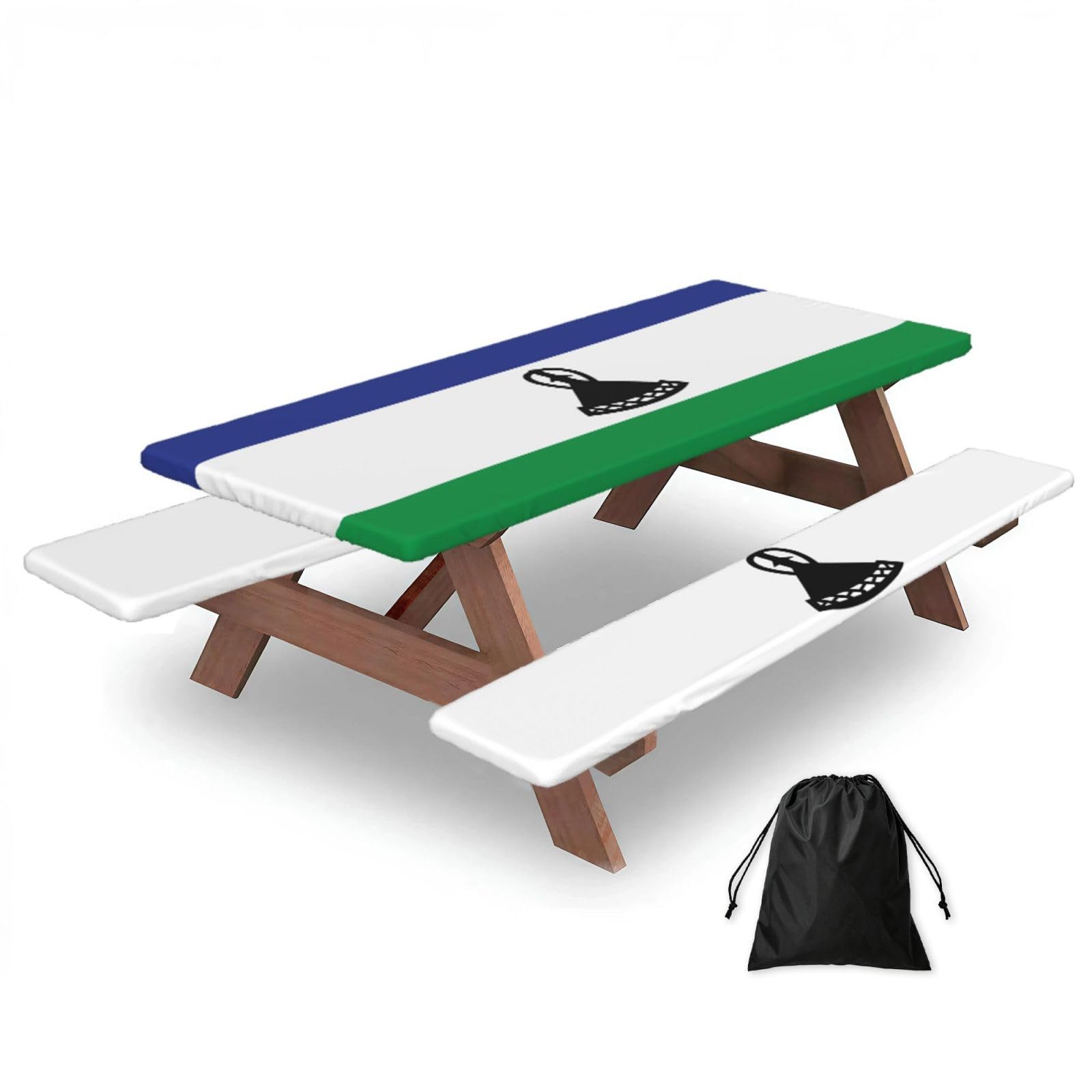 72in Camping Table Cover & Bench Covers 3-Pack Set, Flag of Lesotho Print Tablecloths, for Rectangle Tables Picnic