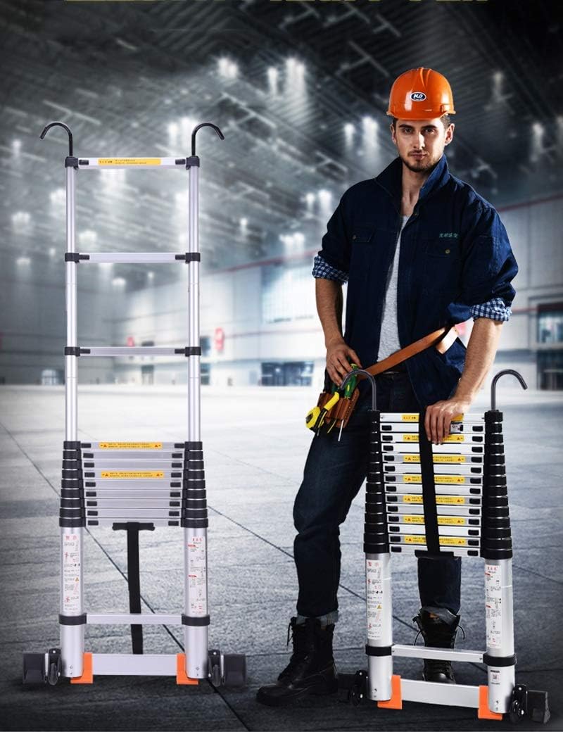 3.8M Aluminium Telescopic Ladder,Multi-Purpose Telescoping Loft Extension Ladder,EN131 Certified/150 Kg Load Capacity (Size : Straight Ladder+Hook)
