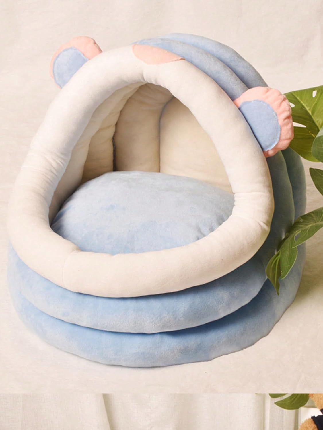 review QWINEE Indoor Cat Bed Cave with Removable Cushion - Pet Plush Warm Tent House Cartoon Rabbit Ear Design Pet Bed for Cats Dogs Kitten Puppy and Rabbit Blue one-Size