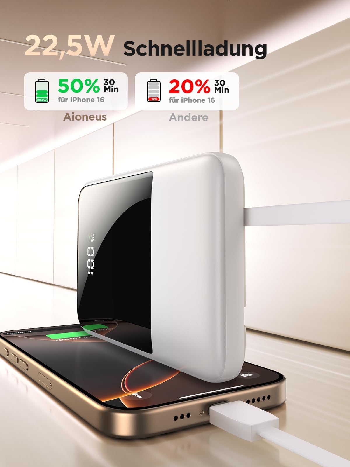 Aioneus Power Bank, mini power bank (piccolo 10000 mAh 22,5 W PD ricarica rapida), con 2 cavi integrati (USB-C + Lightning), batteria esterna per iPhone 16/15/14 Pro Max, Samsung, iPad Air, Xiaomi