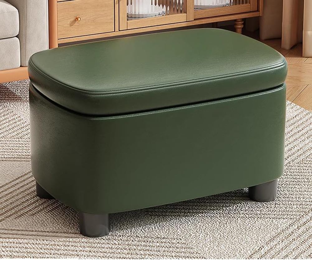 Modern Storage Ottoman Faux Leather Foot Rest Stool with Hinged Lid,Upholstered Ottoman Storage Thicken Foam Padded Seat for Living Room Entryway (Dark Green)