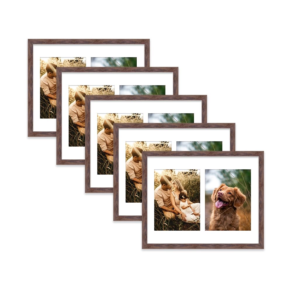 Walnut Multi Photo Frame - Holds 2 x 8x6 Pictures, Family Collage Picture Frame for Wall Display, 14x11 Frame size, Set of 5