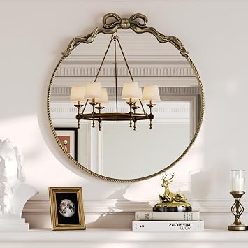 Round Wall Mirror Vintage - 30"x28" Bronze Ornate Rococo Mirrors of Wall, Antique Bronze Bow Mirror Circle with Metal Frame for Living Room, Bedroom, Nursery, Bathroom, Entryway, Hallway