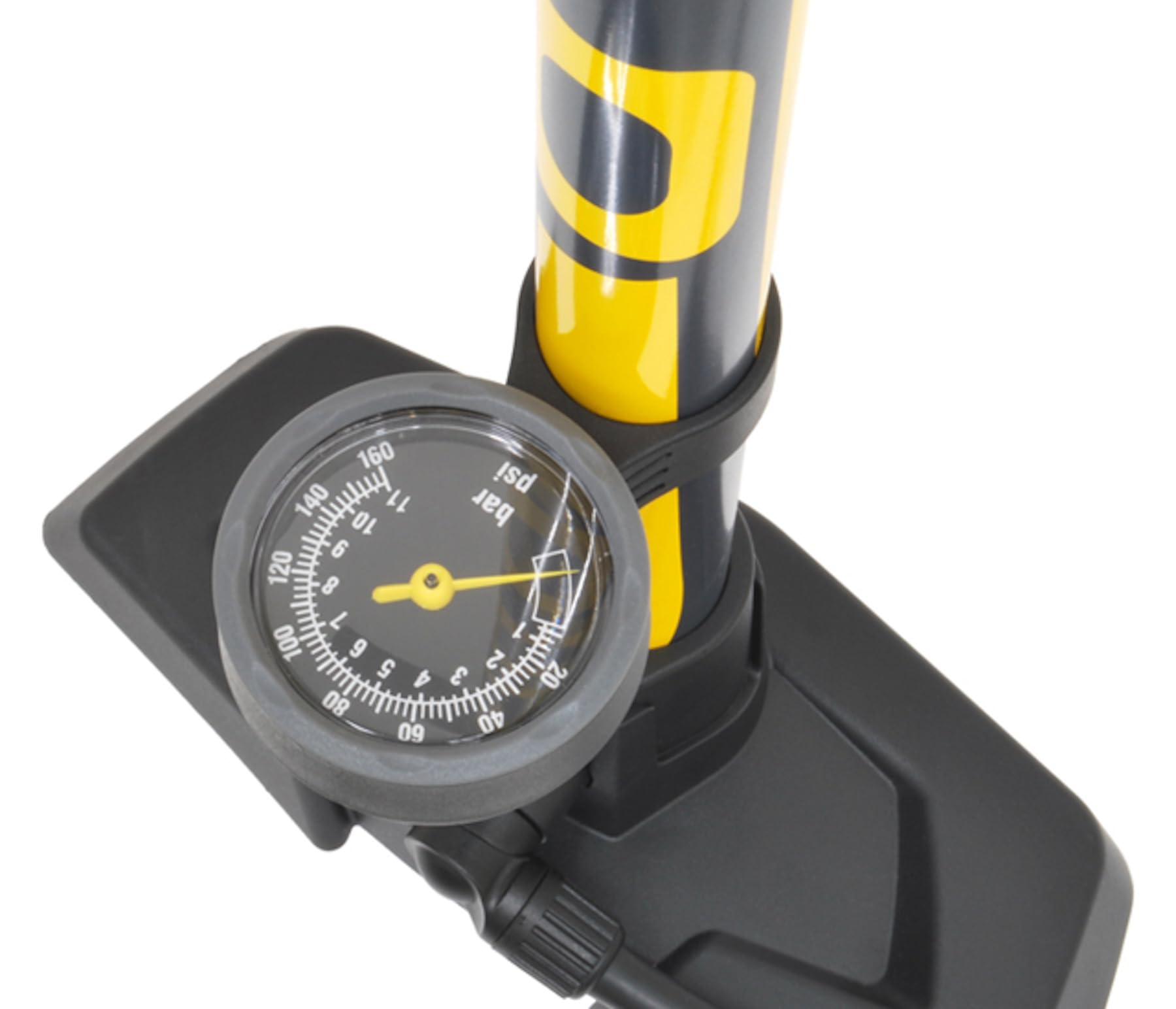 GIYO Gauge Steel Floor Pump Yellow Height: 24.4 inches (620 mm) Max Air Pressure: 160 psi Compatible Valves: UK, US, and French