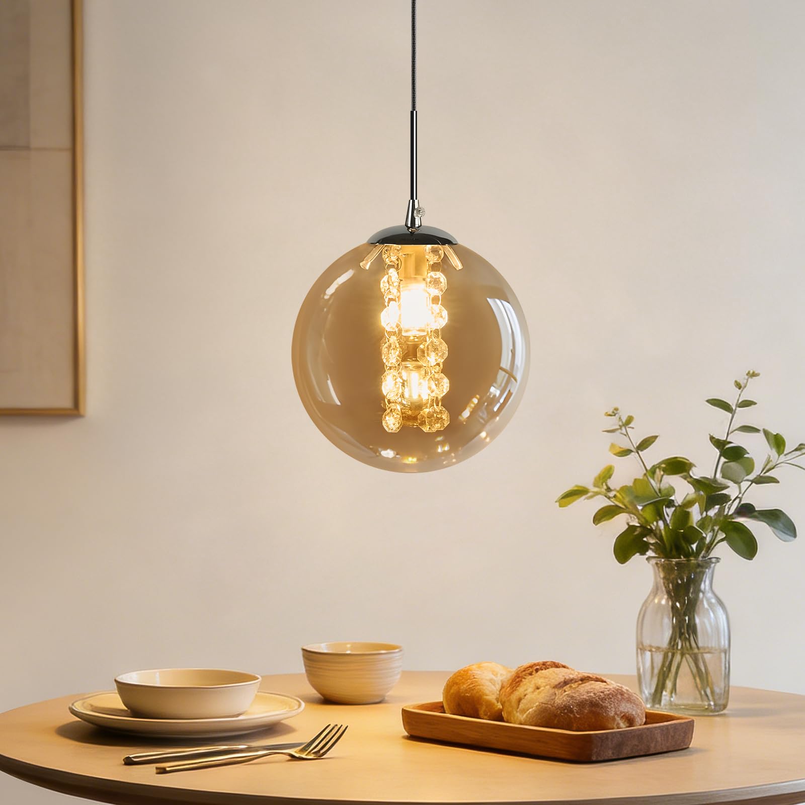 CBJKTX Pendelleuchte Glas Hängelampe Modern - 1 Flammig Bernstein Esstischlampe 120CM Höhenverstellbar G9 Nachttisch Hängeleuchte Pendellampe für Esstisch Schlafzimmer Esszimmer Bar