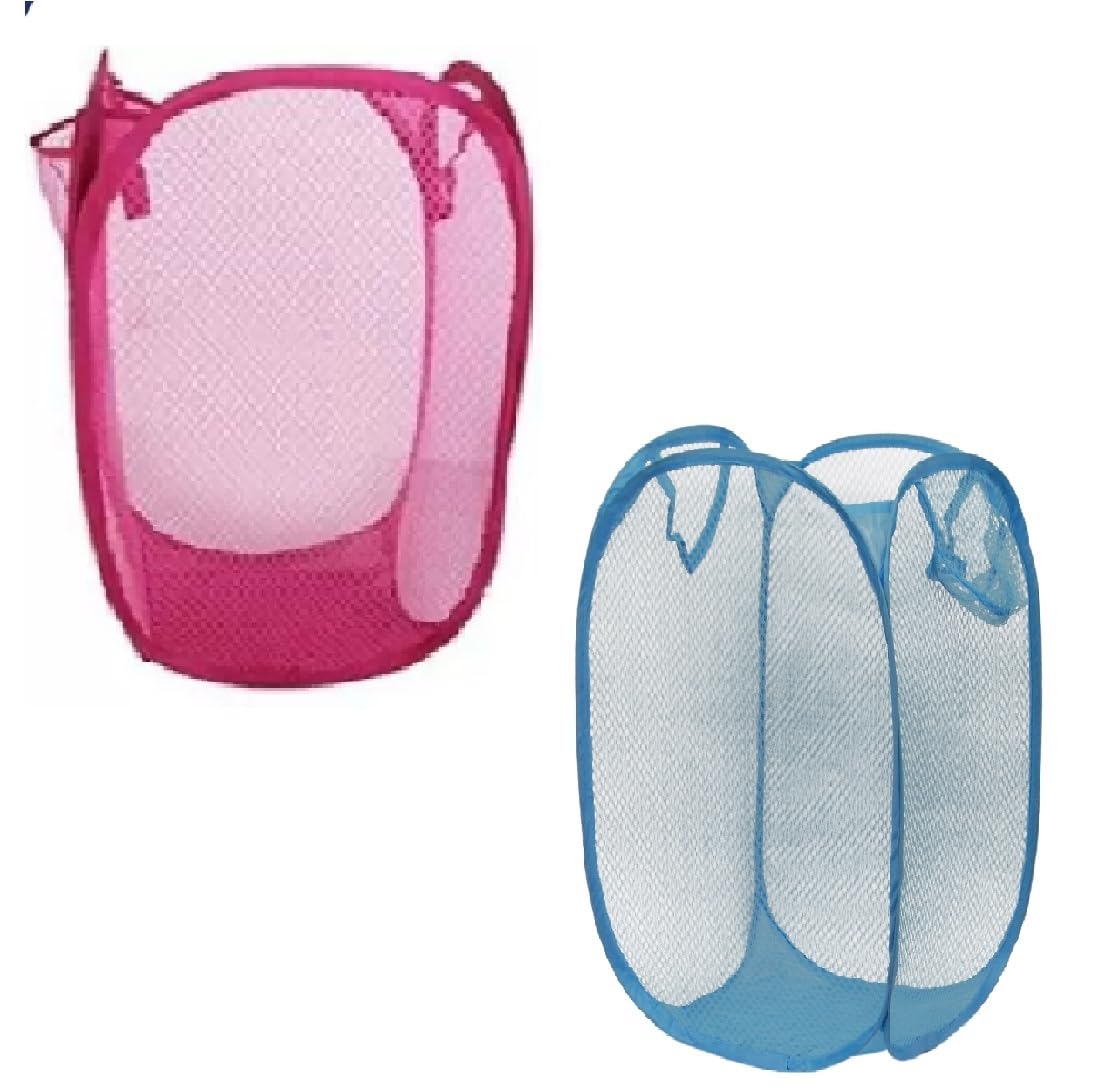 WiNNER Nylon Mesh Laundry Basket | Laundry Bag Foldable | Easy to Carry Handle- for Home - Light Blue & Dark Pink/Pack of 2-113+117