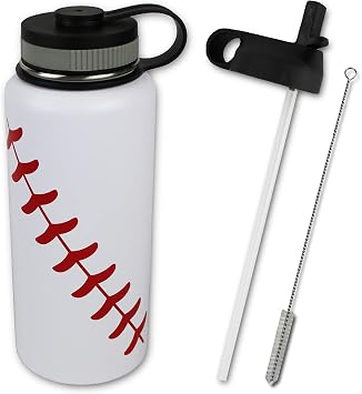 Water Bottle Baseball STRAW LID Tumbler 32 oz Gift for Mom Men Flask Sports Travel Waterbottle, Stainless Steel, Vacuum Insulated, Water Cold for 24, Hot for 12 hours Baseball Straw Lid