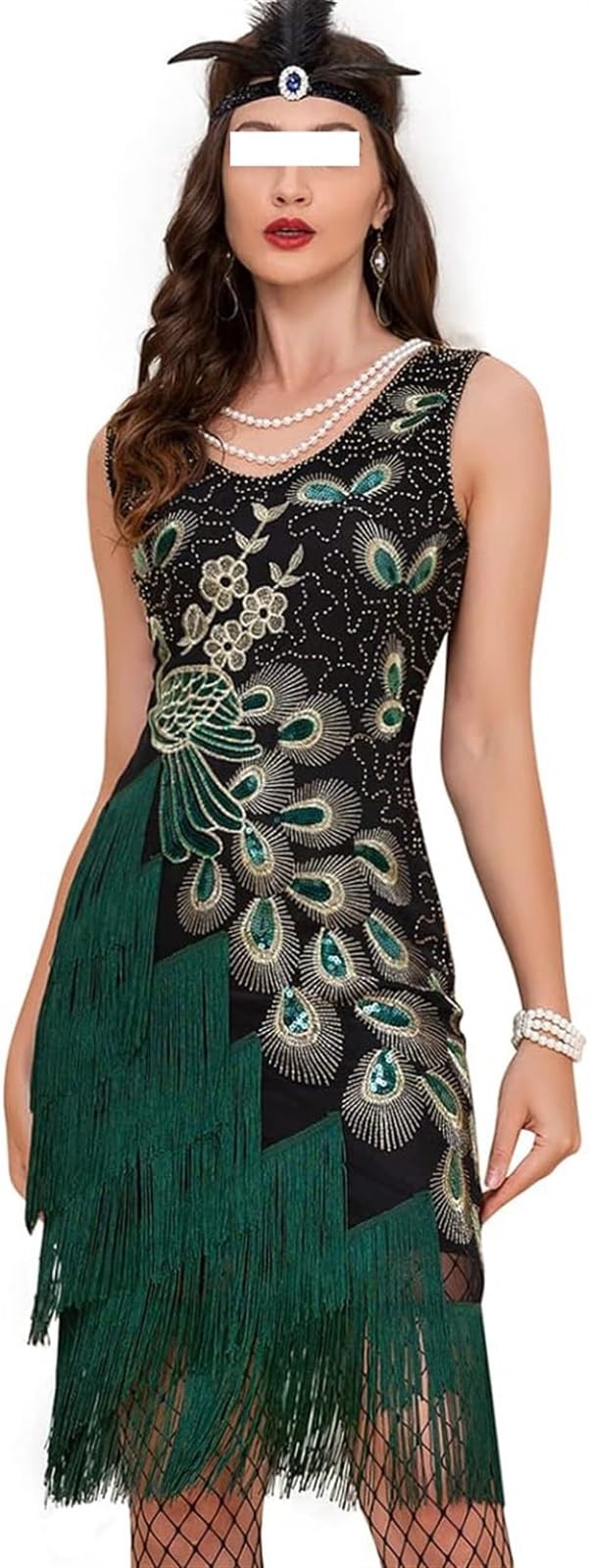 THE WHITE SHOPTHE WHITE SHOP 1920s Vintage Peacock Sequined Dress Gatsby Fringed Flapper Dress Roaring 20s Party Dress (Color : Black, Size : XX-Large)
