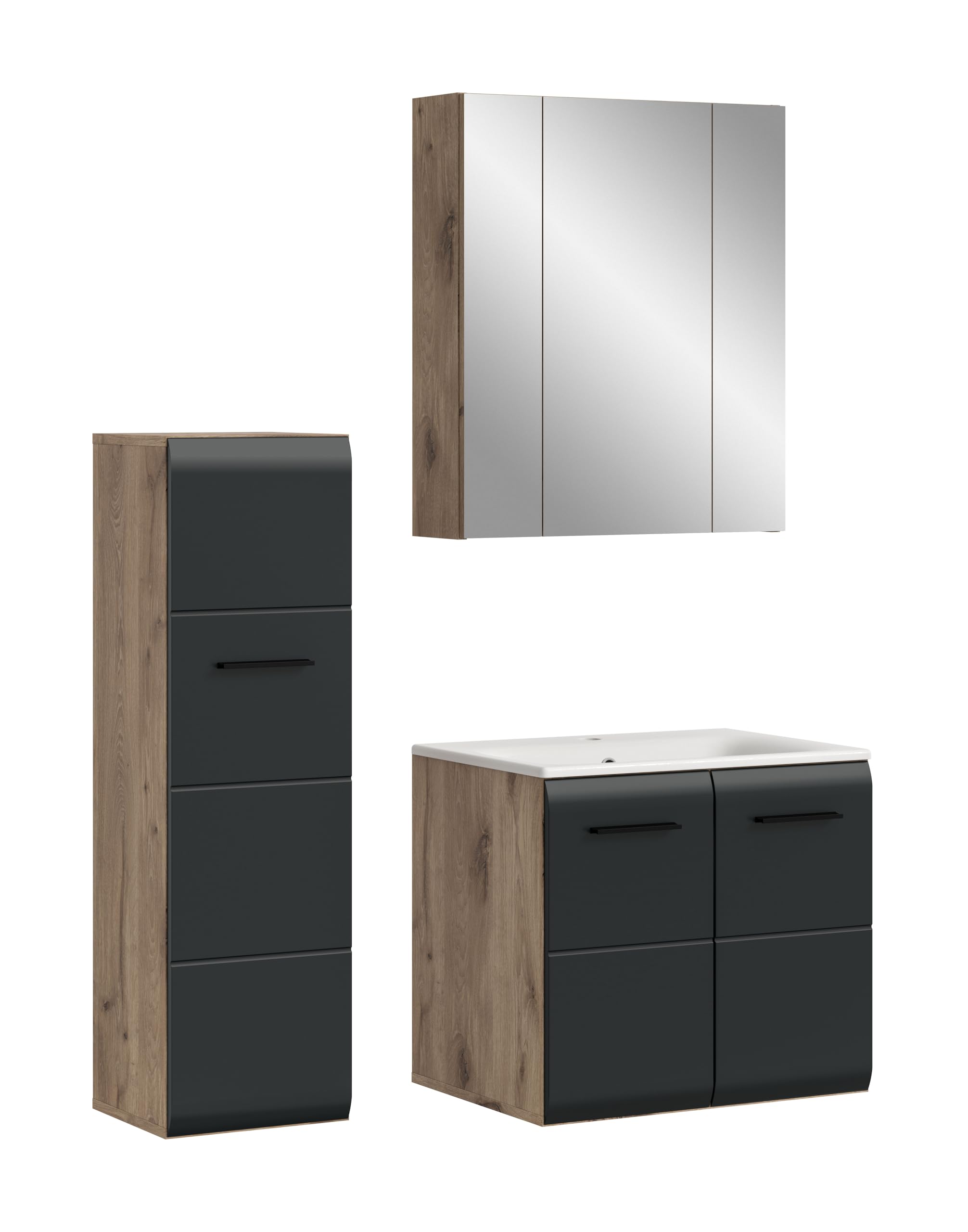 xonox.home – 3 TLG. Badmöbel Kombination Ice 105x185x46 cm in Korpus Nox Oak Nachbildung und Front schwarz matt – Platzsparendes Badezimmermöbel-Set in modernem Hochglanz-Look