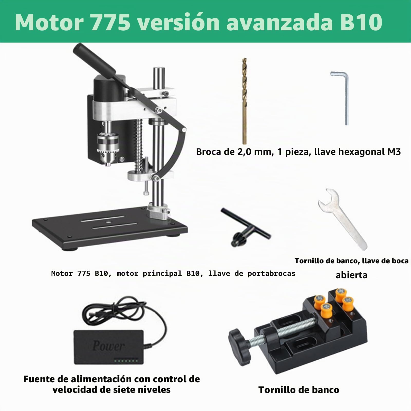 Mini taladro de columna, 200 W, 4000 rpm, 7 velocidades ajustables, con carrera de perforación de 50 mm