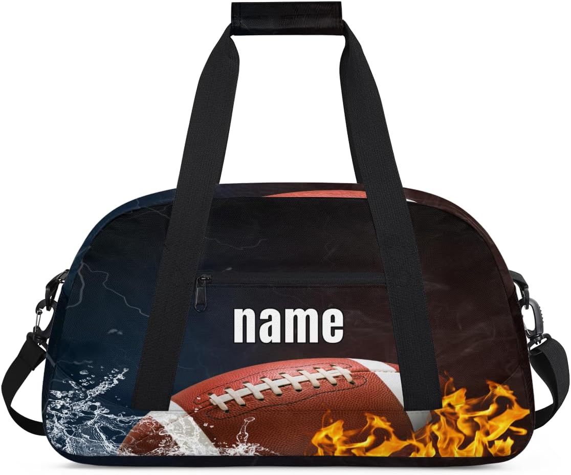 Custom Name Sports Bag for Kids Boys, Personalized Gym Duffel Fitness Travel Weekender Tote Carry-On Training Perform Bag, Flames Football