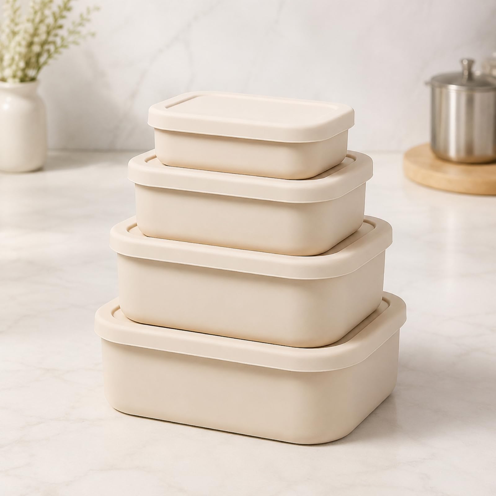 Gralara 4 Piezas Recipien Rectangular Silicona con Tapa Apilable Taper Silicona Reutilizable Flexible Envase para Cocina, Oficina, Gris