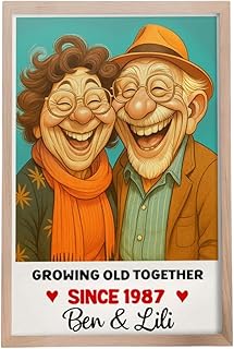Caricature Wall Art For Funny Couples - Custom Cartoon Drawing From Photo - Personalized Poster, Growing Old Together Since Wall Art For Funny Couples, Anniversary Wedding Gifts For Husband Wife