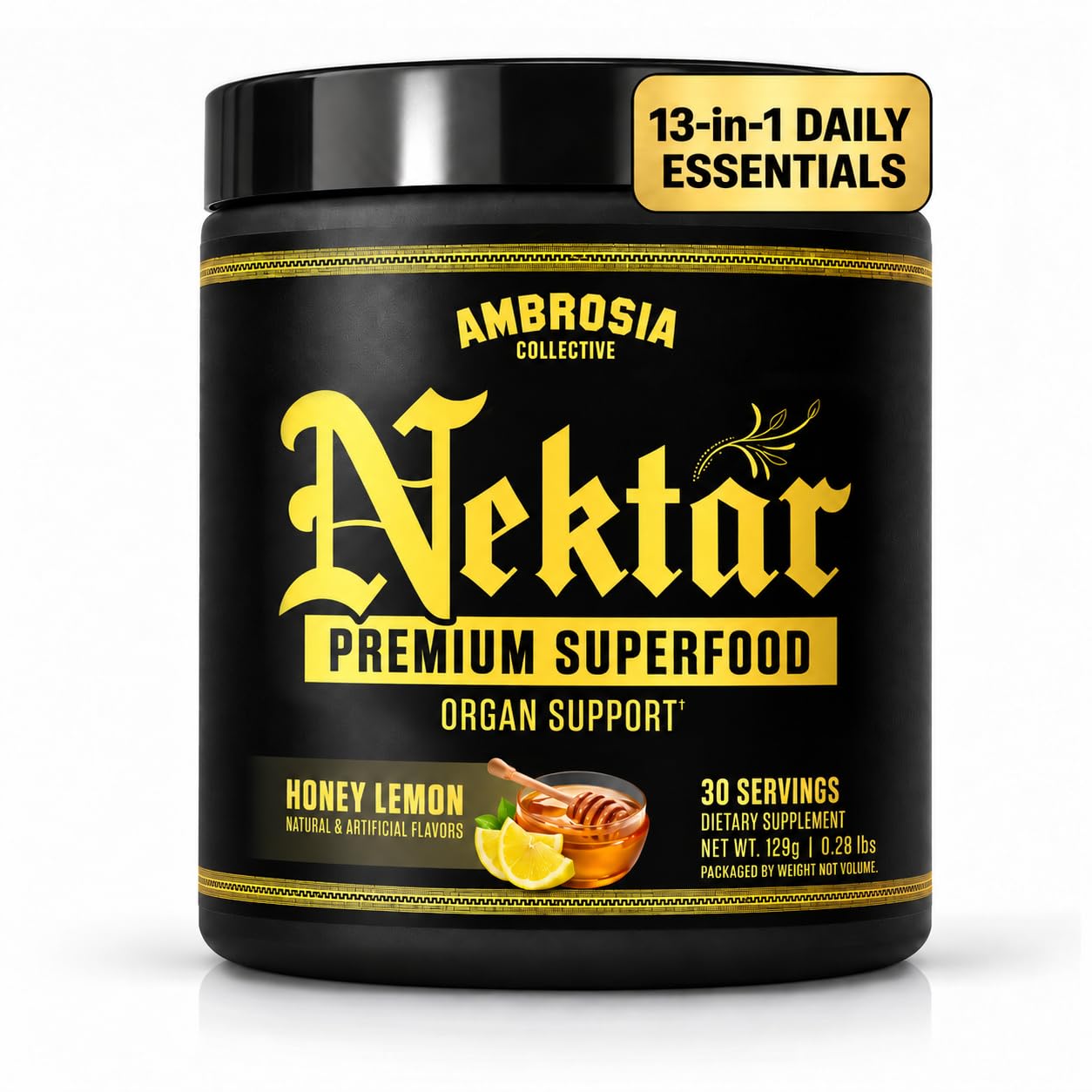Ambrosia Superfood Organ & Cycle Support Powder | Liver & Kidney Support with Milk Thistle, Red Yeast Rice & CoQ10 | 13 Superfood Ingredients | 30 Servings | Honey Lemon