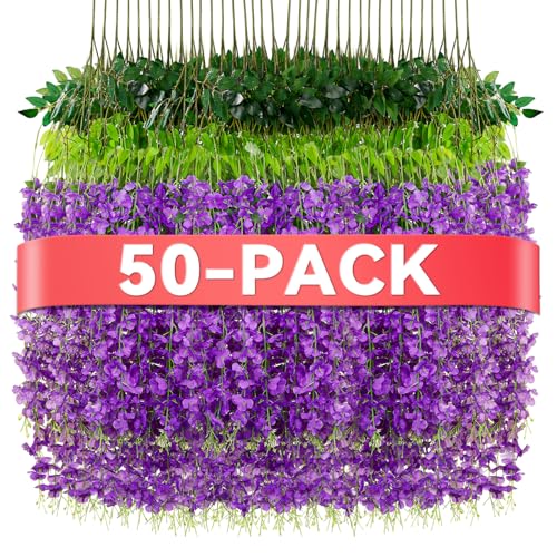 Alotiki Wisteria Hanging Flowers 50 Pack Fake Hanging Flowers Wisteria Artificiales Garland for Home Wedding Arch Floral Party Garden Ceremony Outdoor Decor 3.6 Feet Long(50 Purple)