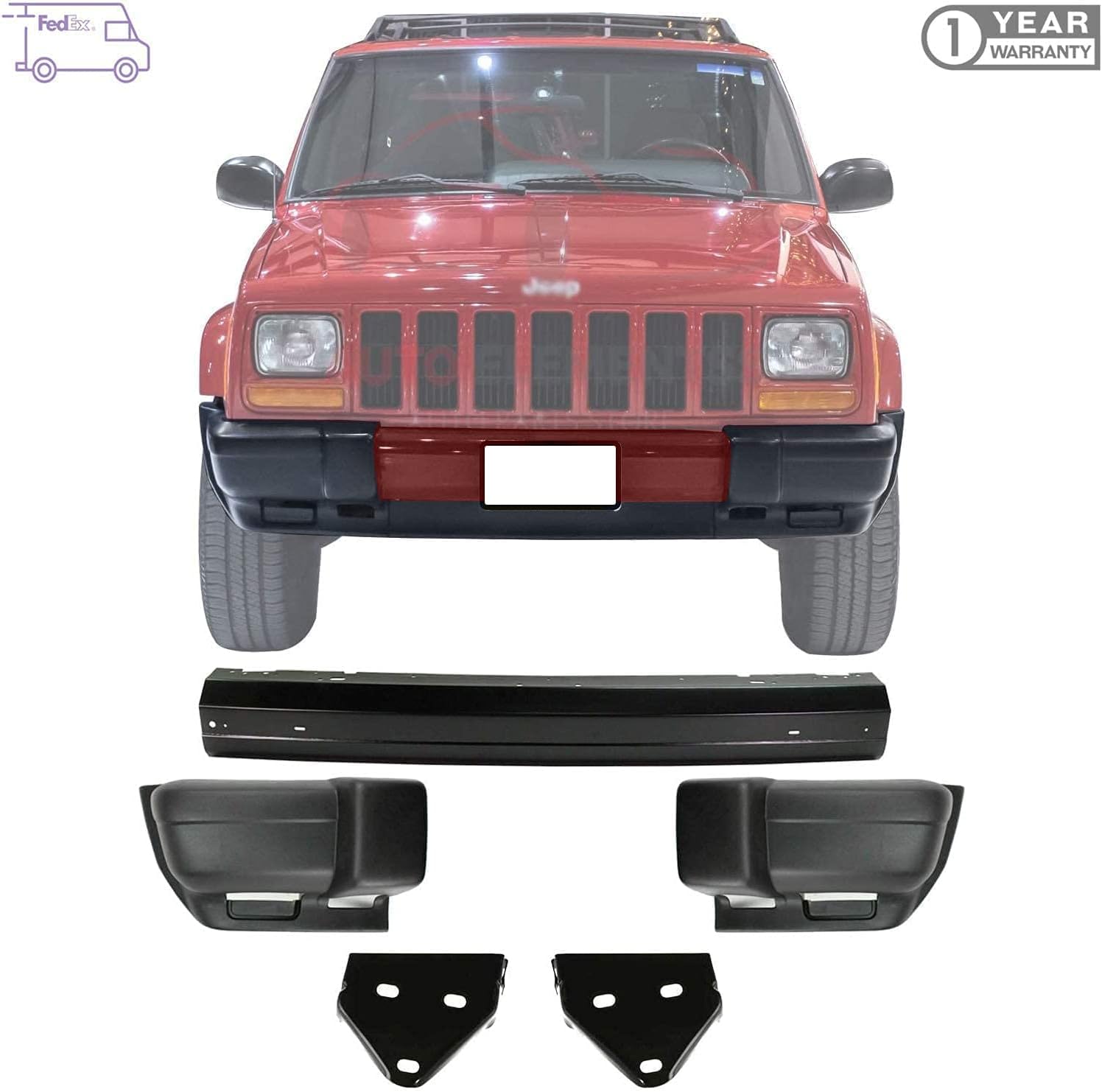 Front Bumper Face Bar Black Paintable + Mounting Arm Brackets + End Caps For 1997-2001 Jeep Cherokee OE Direct Replacement 5019155AA